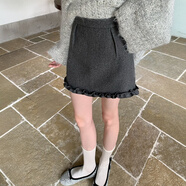 短裙秋冬梨形身材設(shè)計(jì)感小眾花邊拼接毛呢短裙秋冬顯瘦百搭灰色a 灰色單層花邊 S