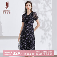 經(jīng)典故事（JANE STORY）法式茶歇連衣裙女2024夏季新款泡泡袖收腰溫柔長(zhǎng)裙氣質(zhì)碎花雪紡裙 黑底紫花 2XL