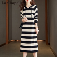 拉夏貝爾（La Chapelle）女裝秋季2025新款寬松休閑連帽衛(wèi)衣裙條紋t恤裙慵懶風(fēng)毛衣連衣裙 黑色 L 105-120斤
