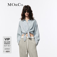 MO&Co.牛仔襯衫夏含桑蠶絲棉質(zhì)綁結短款寬松落肩翻領(lǐng)藍色摩安珂 牛仔藍色 XS 155