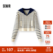 森馬（Semir）針織開衫女短款海軍領溫柔系春2025新款文藝寬松條紋衫少女感 白藍色調(diào)00318 XS 150/76A