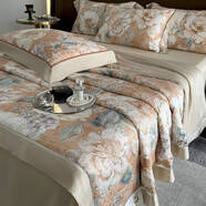 接運貓家紡美式輕奢萊賽爾天絲夏涼被空調薄被印花可水洗床上四件 浮漫-橙 200x230cm夏被+245x270cm床單+枕