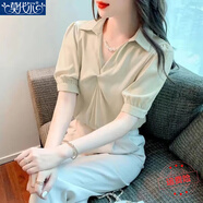 莫代爾襯衫女2025夏裝新款時尚洋氣短袖寬松休閑雪紡上衣褶皺半開領(lǐng)襯衣 杏色 M