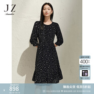 玖姿·安娜蔻法式波點桑蠶絲收腰七分袖荷葉邊連衣裙女2025春季新款 花黑 S