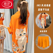 浪莎（LangSha）冰絲睡裙女夏季2025新款網(wǎng)紅純欲性感寬松短袖中長(cháng)款大碼襯衫睡衣 橙色貓咪+短褲 XL 170