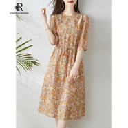 clotho Rennie品牌女裝印花連衣裙女2025年夏季新款氣質(zhì)百搭遮肉顯瘦圓領(lǐng)中長(zhǎng)裙 圖片色 S