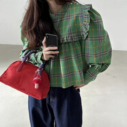 大唐喜樂(lè )牛韓國時(shí)尚秋季新覆古優(yōu)雅褶邊寬松長(cháng)袖格紋娃娃襯衫上衣 綠色 均碼