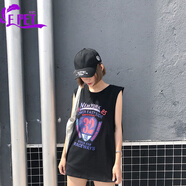 EPET中長(cháng)款寬松BF韓版學(xué)生夏季無(wú)袖t恤女運動(dòng)跨欄小背心坎袖吊帶ins潮 黑色-32號-自帶防走光小背心  M 建議100斤以下