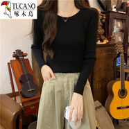 啄木鳥(niǎo)（TUCANO）秋冬圓領(lǐng)修身顯瘦長(cháng)袖打底針織衫上衣低領(lǐng)百搭緊身黑色毛衣女內搭 黑色 均碼 高彈力 70-125斤