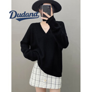 Dudant山羊絨衫女V領(lǐng)寬松泡泡袖毛衣套頭長袖彈力純色針織打底衫上衣經(jīng)典黑2XL