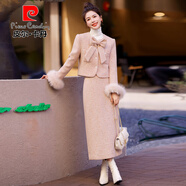 皮爾卡丹粉色蝴蝶結小香風(fēng)套裝2025冬新款小個(gè)子羽絨內膽毛呢包臀裙兩件套 粉色 L 適合106-120斤穿