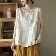 夏季棉麻吊帶背心女新款大尺碼寬松顯瘦胖mm200斤無(wú)袖T恤上衣服 麻色 L 110斤內