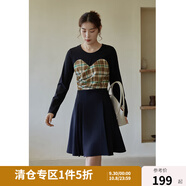 獨束大碼女裝【小森林格紋系列】拼接連衣裙女秋冬新款胖mm顯瘦絲絨裙 黑拼格紋短款 2XL