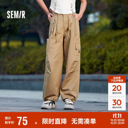 森馬休閑褲女松緊腰闊腿褲腳口兩穿夏季復(fù)古工裝褲101324127012
