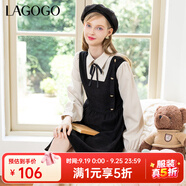 lagogo泡泡袖蝴蝶結拼接連衣裙女拉谷谷秋冬新款宮廷風法式赫本裙 黑米(WT) M 160/38