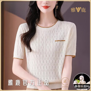 雅鹿桑蠶絲短袖女t恤夏裝薄款冰涼針織衫媽媽正肩短款上衣 米色(9118款) S 85-100斤穿