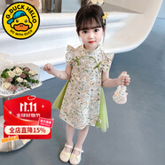 G.DUCKKIDS童裝女童連衣裙夏季2023新款兒童旗袍裙中小童唐裝禮服裙女孩裙子 綠色碎花【拼紗款】 90 尺碼1~2歲【 80-90cm】cm
