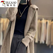 啄木鳥(niǎo)羊絨衫女純山羊絨法式連帽長(cháng)款毛衣開(kāi)衫休閑針織厚外套女秋冬 駝色 L建議-110斤