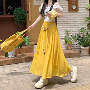 jane Deiune2025夏季新款棉麻波西米亞度假風(fēng)百褶裙荷葉邊中長(zhǎng)裙國(guó)風(fēng)半身裙女 黃色1 M