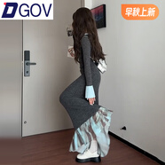 DGOV法式灰色拼接針織連衣裙子女2025新款秋季連衣裙甜美收腰包臀長裙 【灰色】不含裙擺zt L 【105-115斤】