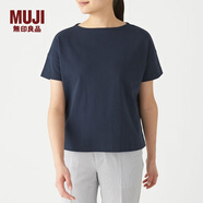 無印良品 MUJI 女式 粗棉線天竺編織 一字領(lǐng)寬版T恤 W9SB182 海軍藍 XS-S