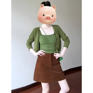 貓容早秋清新三件套女綠色針織開衫+吊帶背心+棕色A字半身裙時尚套裝 綠色開衫+綠色內搭+咖色半身裙_ L _112-120斤