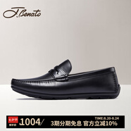 J.BENATO【品牌旗艦】賓度男鞋男士商務(wù)皮鞋頭層牛皮軟底套腳透氣豆豆鞋 黑色素面-E2G372 43