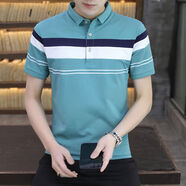 以純（YISHion）2025夏季男短袖恤翻領(lǐng)拼接修身衫條紋上衣男裝純棉男款POLO衫 DG-8812綠色 M 90-105斤