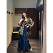 三吉黑花【青巖】長(cháng)毛絲絨燙金修身魚(yú)尾半裙 藏藍 L