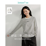 茵曼百搭棉質(zhì)條紋女裝圓領(lǐng)長(cháng)袖t恤春季新潮寬松打底衫上衣 黑杏條 M