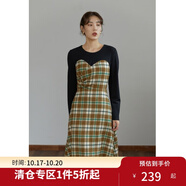 獨(dú)束大碼女裝【小森林格紋系列】拼接連衣裙女秋冬新款胖mm顯瘦絲絨裙 黑拼格紋長(zhǎng)款 2XL
