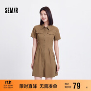 森馬連衣裙女收腰襯衫裙復(fù)古休閑夏季美拉德純色短裙101324114030