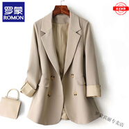 羅蒙（ROMON）高端小香風(fēng)西服春秋季新款氣質(zhì)百搭休閑中長(zhǎng)款小西裝外套女 米杏色-女裝十大品牌 S