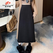 范哲狼（FANZELANG）灰色毛呢花苞半身裙女冬季加絨加厚包臀直筒裙高腰開(kāi)叉A字一步裙 黑色 S (備)