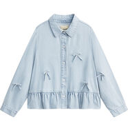 愛(ài)法貝（Alphab）愛(ài)法貝25春秋新款女童長(cháng)袖襯衫中長(cháng)版兒童套裝蝴蝶結襯衫外套洋派 牛仔藍 120