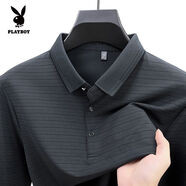 花花公子（PLAYBOY ESTABLISHED 1953）無痕男士長袖T恤春秋休閑中年男裝翻領條紋長袖POLO衫 深灰色 M