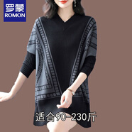 羅蒙胖妹妹特大碼蝙蝠袖毛衣秋冬季長袖中長款V領(lǐng)羊絨咩毛衫上衣240斤 黑色 2XL 適合130-145斤