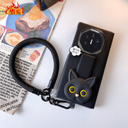 華為（HUAWEI）【品質(zhì)原裝】適用華為mateXT手機殼非凡大師新款三折疊屏保護套Ma 全包皮套腕帶支架_黑+黑色貓貼片+黑色手繩 華為Mate_XT_非凡大師