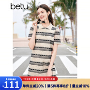 百圖betu女裝夏季新款連衣裙撞色POLO領(lǐng)蕾絲條紋連衣裙女2404D03 黑白條 L
