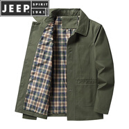 JEEP SPIRIT秋冬季夾克男士外套休閑寬松翻領純棉中老年商務爸爸上衣服 軍綠色 XL