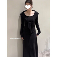 SZEL甜美假兩件披肩領(lǐng)口長(cháng)袖連衣裙女設計感修身顯瘦收腰包臀長(cháng)裙子 黑色連衣裙 L