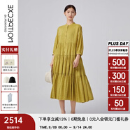 例外（EXCEPTION）新中式女裝春夏款連衣裙亞麻抽褶設(shè)計(jì)中長袖系帶A字襯衫裙 土黃1/19 S