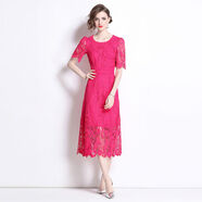 芊綢2024夏季新款歐洲站女裝蕾絲裙短袖氣質(zhì)勾花鏤空蕾絲連衣裙 玫紅色 2XL