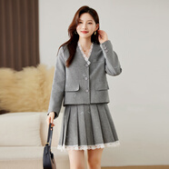 桂雪格灰色甜美套裝女2025春季新款蕾絲拼接蝴蝶結刺繡西裝百褶裙兩件套 灰色兩件套 L （110-120斤）