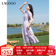 LAGOGO莫奈紫顯白荷葉邊浪漫裙女拉谷谷2025年夏季新款收腰連衣裙 淺紫色 S