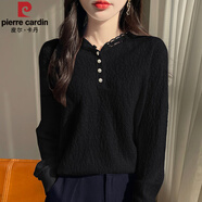 皮爾卡丹2025秋冬新款針織打底衫女連帽鏤空提花蕾絲內搭洋氣大碼女裝毛衣 經(jīng)典黑 S 建議85-100斤