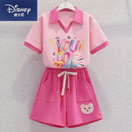 迪士尼（Disney）女童套裝夏季卡通新款兒童夏裝洋氣時(shí)髦大童女孩運動(dòng)夏款短袖短褲 粉紅色 【促銷(xiāo)價(jià)】 170 卡通短褲兩件套