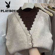 花花公子（PLAYBOY）2025秋冬季新款韓版半高領(lǐng)加厚假兩件拼色寬松長袖針織衫毛衣女潮 杏色 M 建議95-105斤