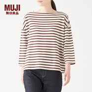 無印良品 MUJI 女式 粗棉線 天竺編織 落肩T恤 W9AB147 酒紅色X橫條 M-L