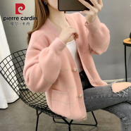 皮爾卡丹水貂絨加厚針織衫外套上衣2026秋冬新款女裝韓版口袋寬松毛衣開(kāi)衫 粉色 3XL